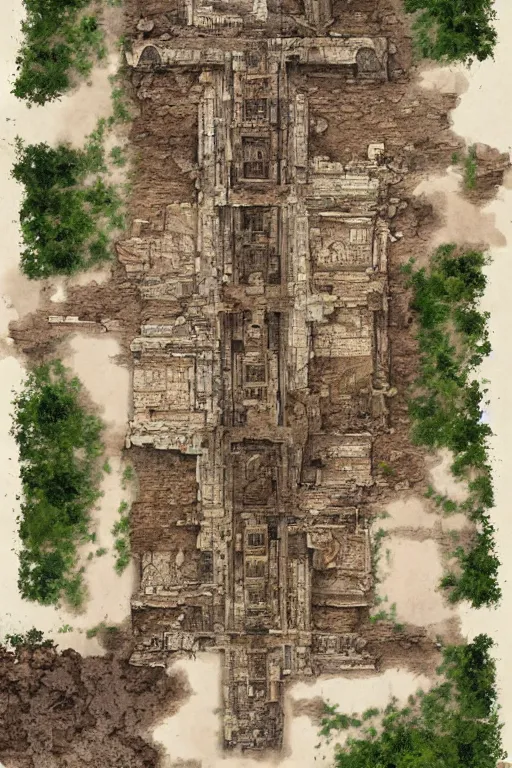 Image similar to full - color fantasy floor plan map of a ruined temple, by greg rutkowski and james gurney, trending on artstation