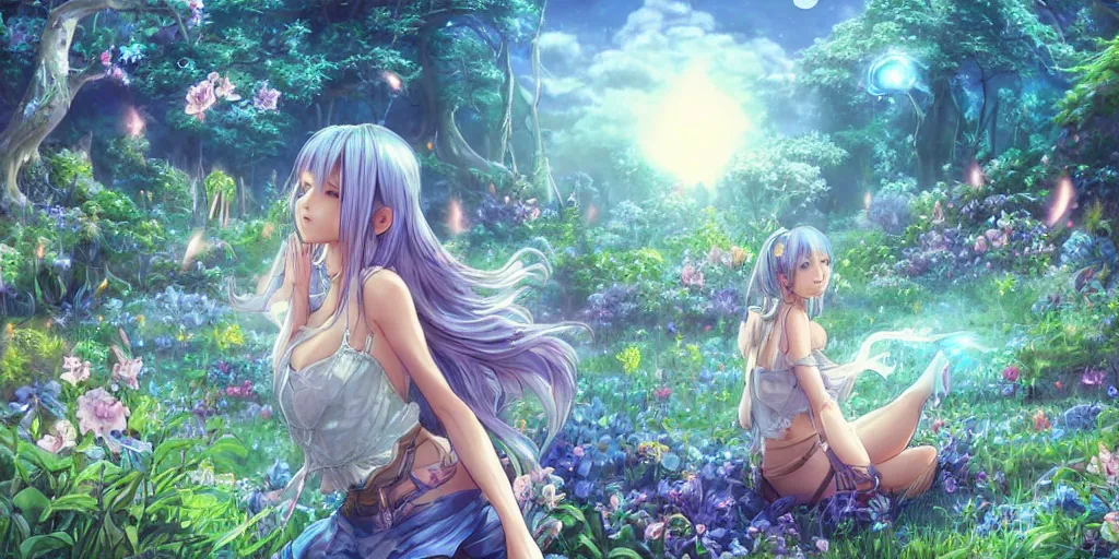 Image similar to final fantasy key visual of a pretty girl with blue flowing hair, wearing a short skirt and a crop top, meditating in a magical fantasy garden at night, moonlight, fireflies glowing, lofi feel, magical, highly detailed, digital art, artstation, smooth, hard focus, illustration, art by artgerm - in the style of final fantasy and studio ghibli