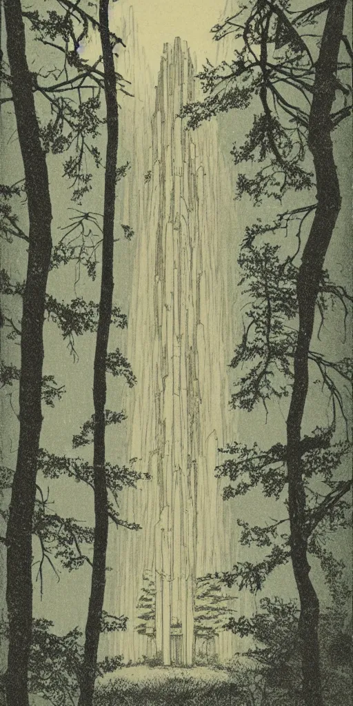 Image similar to a tall temple in the woods, 1940s faded risograph print, illustration, limited color palette, earthtones, double-exposure