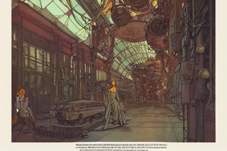 Prompt: front view on steampunk hallway, kid and mad scientist walking, giant video screens, sci - fi, big interior plants, retrofuturism, concept art by mucha and moebius and victo ngai, architecture by francois schuiten, clean line, diesel punk, artstation