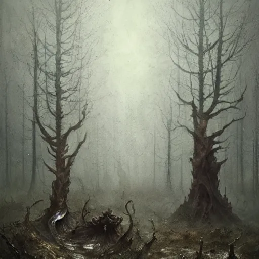 Image similar to elder demons from the abyss in a misty forest, by emil melmoth, by rozalski, by greg rutkowski, cinematic