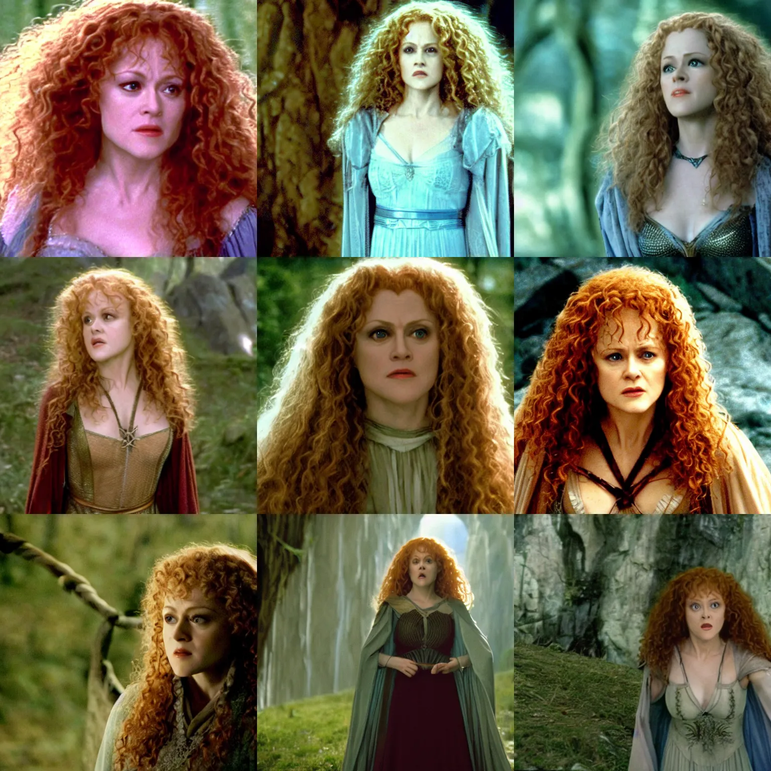 Prompt: film still of bernadette peters as galadriel in lord of the rings 2 0 0 1, 4 k