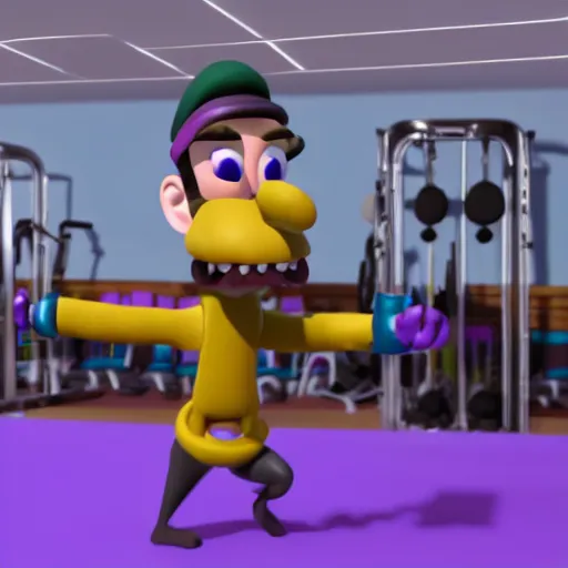 Prompt: waluigi on the gym, claymation, 8 k, hyperdetalied, cgsociety,