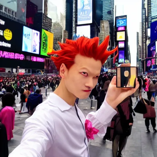 Image similar to hisoka taking a selfie at times square, high quality