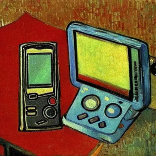 Prompt: Oil painting of a still life with a Coca Cola glass bottle and a Gameboy, by Vincent van Gogh,