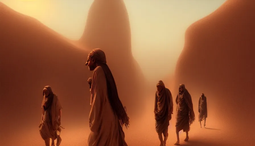 Image similar to desert people walk through the desert, dust storm, fine details, digital art, volumetric lighting, cinematic light, photorealistic, by greg rutkowski, by marc simonetti, perfect faces, fine details, 4 k,