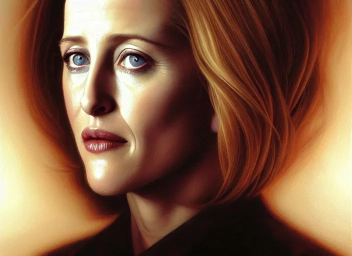 Prompt: portrait shot of young gillian anderson in x - files, intricate, elegant, highly detailed, centered, digital painting, artstation, concept art, smooth, sharp focus, illustration, artgerm, tomasz alen kopera, peter mohrbacher, donato giancola, joseph christian leyendecker, wlop, boris vallejo