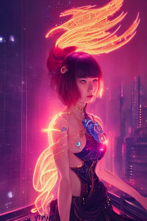 Image similar to portrait futuristic wizard Girl with fire and sparkles, in future cyberpunk tokyo rooftop , ssci-fi, fantasy, intricate, very very beautiful, elegant, human anatomy, human structure, neon light, highly detailed, digital painting, artstation, concept art, smooth, sharp focus, illustration, art by tian zi and WLOP and alphonse mucha