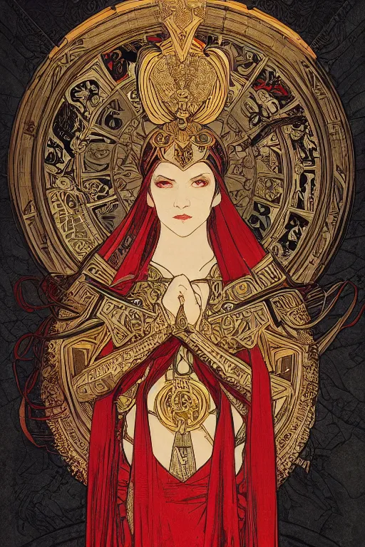 Prompt: tarot card, the emperor, armored woman, beautiful, medieval, super detailed, ornate, by alphonse mucha, artstation, greg rutkowski, symmetry, red, gold, white, black, 8 k