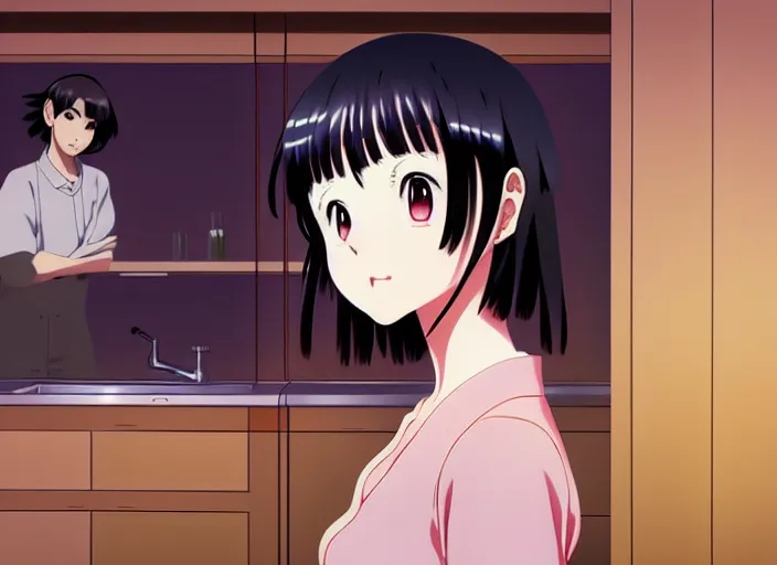 Prompt: anime film visual, full body illustration from across the room a young woman looking in a kitchen cabinet from a distance, cute face by ilya kuvshinov, yoshinari yoh, makoto shinkai, katsura masakazu, dynamic perspective pose, detailed facial features, kyoani, rounded eyes, crisp and sharp, cel shad, anime poster, ambient light,