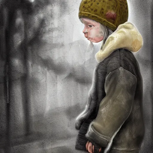 Image similar to detailed half body digital art for a game of a child wearing ragged, heavy and ruined clothes with a winter hat. moody and melanchony. the background is dark.