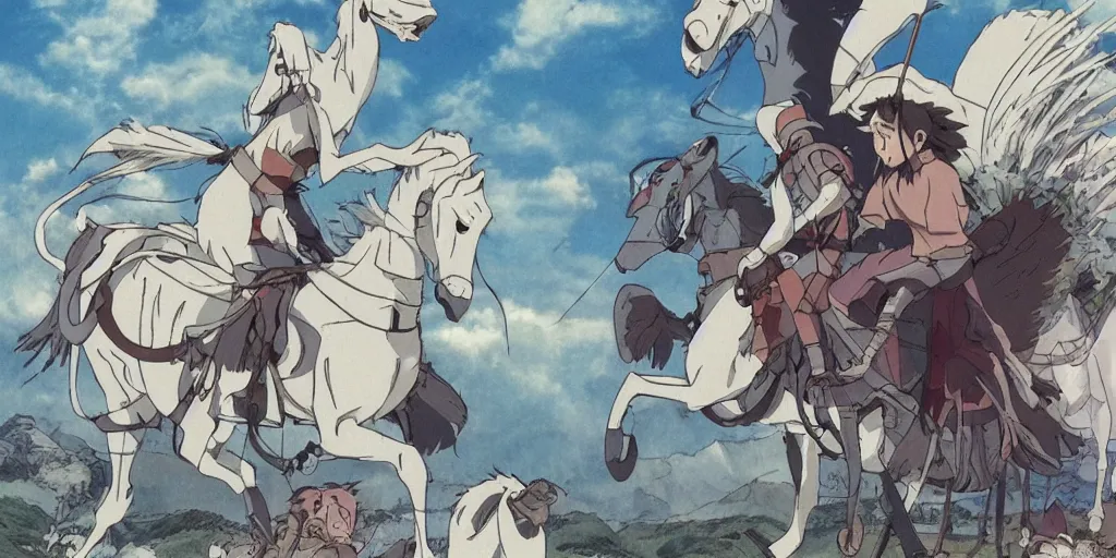 Prompt: war, horses, knights, king, a magical palace on a mountain, a white dragon spirit flying in the sky, miyazaki's animated film, ghibli studio, spirited away, princess mononoke,