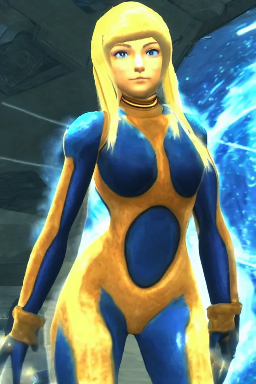 Prompt: in game footage of zero suit samus in skyrim, skyrim art style.