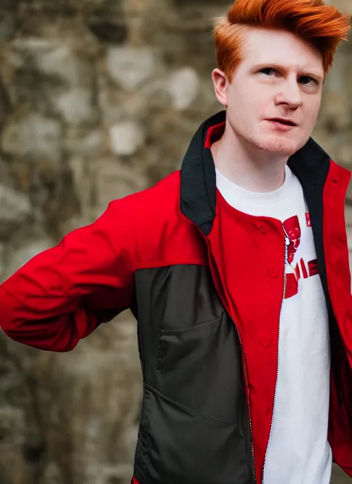 Image similar to portrait photo still of real life philip j fry wearing a red jacket and white shirt, 8 k, 8 5 mm, f. 1 4