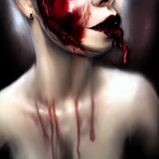 Prompt: a realistic head and shoulder professional portrait of a female vampire, painted in the style of bloodborne, interesting color use, vampire fashion, highly detailed, melancholy, vampire teeth