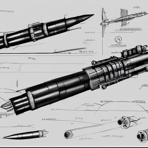 Image similar to sketches of missile, military, full page, technical, detailed