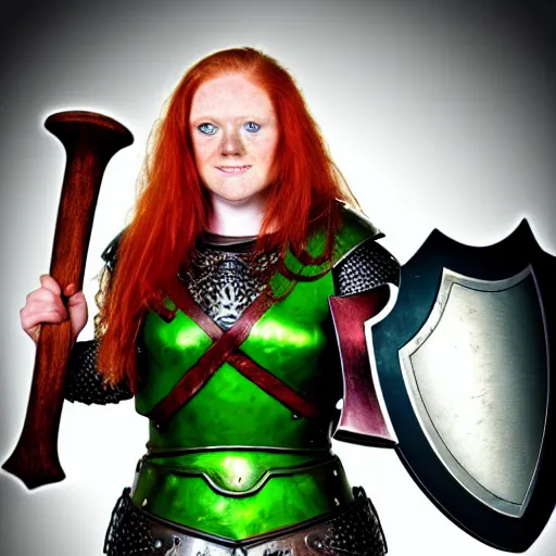 Image similar to dwarven woman, ginger hair, green eyes, holding hammer and shield with plate armour