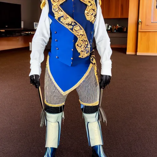 Image similar to low angle upper view of adult Austin Butler dressed in futuristic-baroque prussian blue duelist-garb with Griffin-Ram embroidery emblem, and nanocarbon-vest and greaves, standing in an arena in Dune 2020, XF IQ4, f/1.4, ISO 200, 1/160s, 8K, RAW, unedited, symmetrical balance, face in-frame