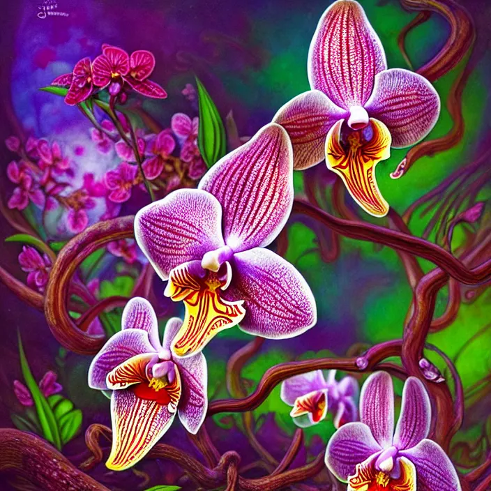 Image similar to extremely psychedelic macro orchid and cherry blossom and musroom, DoF, LSD, diffuse lighting, fantasy, intricate, elegant, highly detailed, lifelike, photorealistic, digital painting, artstation, illustration, concept art, smooth, sharp focus, art by John Collier and Albert Aublet and Krenz Cushart and Artem Demura and Alphonse Mucha