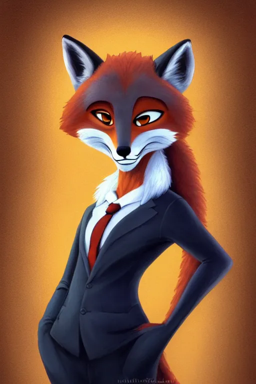 Image similar to oil painting of anthromorphic female fox, in style of zootopia, female fursona, furry, furaffinity, 4 k, deviantart, furry art, fursona art, wearing black business suit, business suit, fox fursona, female, smug expression,