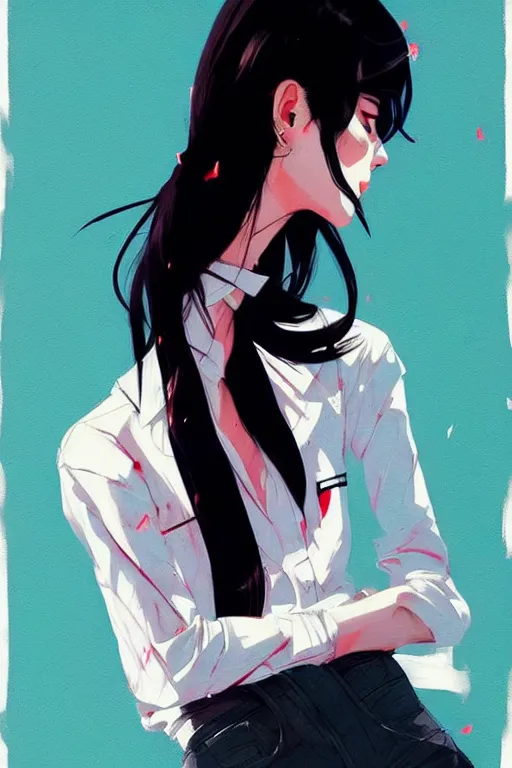 Image similar to a ultradetailed beautiful panting of a stylish woman wearing a shirt with a tie, she has black hair, by conrad roset, greg rutkowski and makoto shinkai, trending on artstation