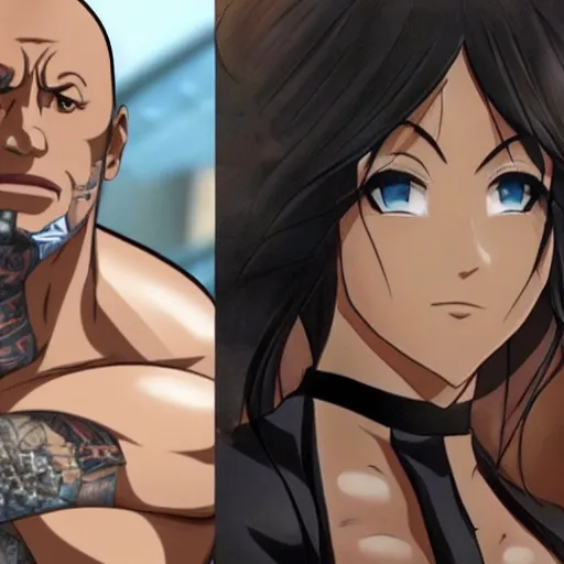 Prompt: Dwayne Johnson transformed as a gorgeous anime girl