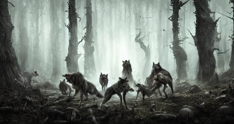 Prompt: an epic action concept masterpiece of a rabid wolfpack, in a forest made of nightmares, horrific digital art, extremely moody lighting, style of johannes voss