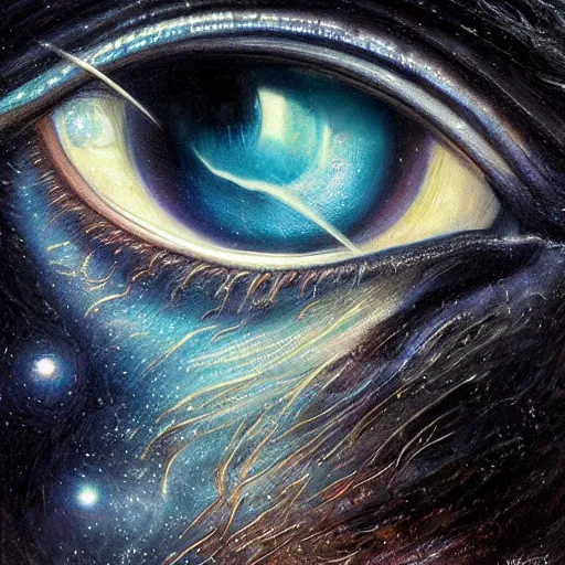 Prompt: low angle shot of a cat eye with the galaxy in the iris by clive barker, intricate, elegant, highly detailed, centered, digital painting, artstation, concept art, smooth, sharp focus, illustration, artgerm, Tomasz Alen Kopera, Peter Mohrbacher donato giancola, Joseph Christian Leyendecker, WLOP, Boris Vallejo.