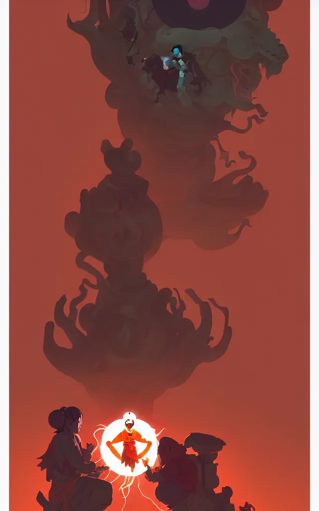 Prompt: Tibetan Book of the Dead Opening a Portal to Bardo, in the Style of Mike Mignola and Tomer Hanuka and Atey Ghailan, vibrant colors, hard shadows, Comic Cover Art, trending on artstation