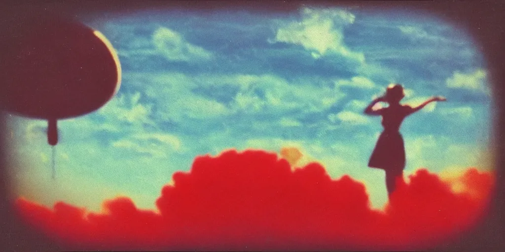 Image similar to vintage polaroid of a beautiful woman spotting a ufo in the sky, seen from behind, detailed clouds, warm azure tones, red color bleed, film grain