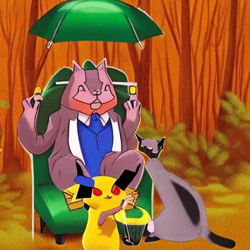 Image similar to in a forest, a cat is slumped on a chair smoking a cigar, pikachu is standing next to him taking shelter with a green umbrella