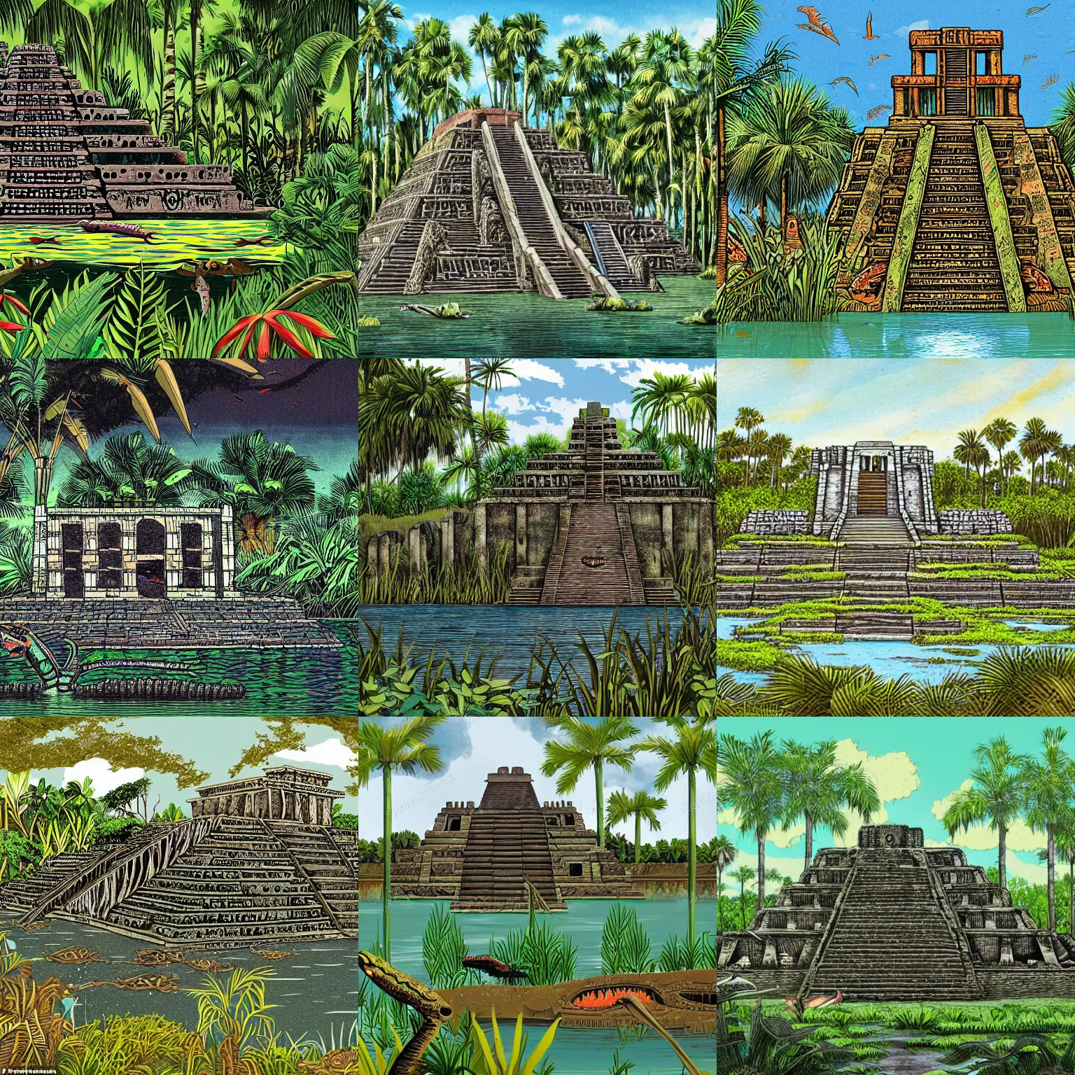 Prompt: a partially sunken aztec temple in the florida everglades, overgrown, surrounded by alligators, dark, full color, in a historical illustration style