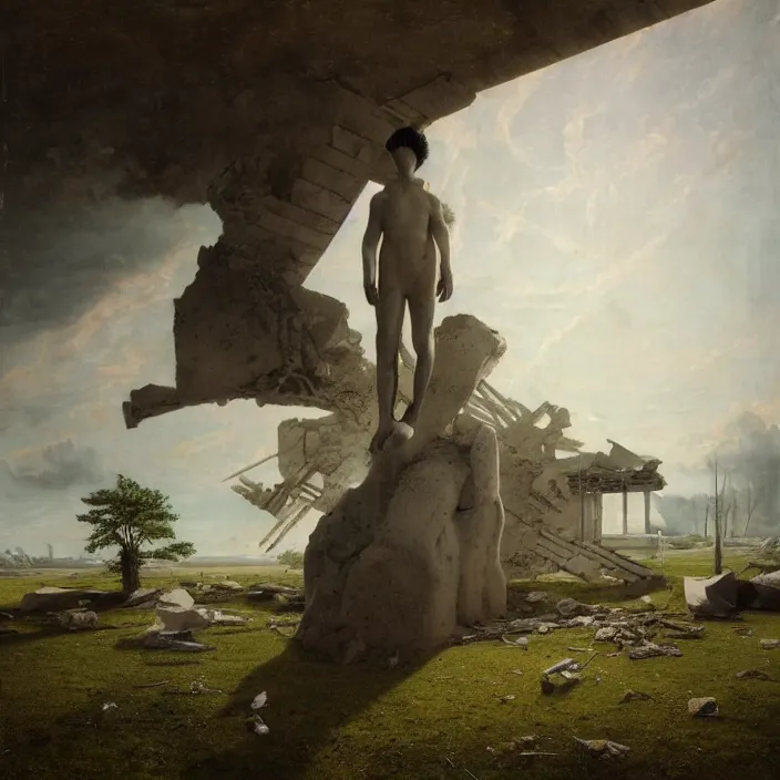 Image similar to hyperrealistic surrealism, David Friedrich, award winning masterpiece with incredible details, Zhang Kechun, a surreal vaporwave vaporwave vaporwave vaporwave vaporwave painting by Thomas Cole of a gigantic broken mannequin head sculpture in ruins, astronaut lost in liminal space, highly detailed, sunrays, trending on ArtStation