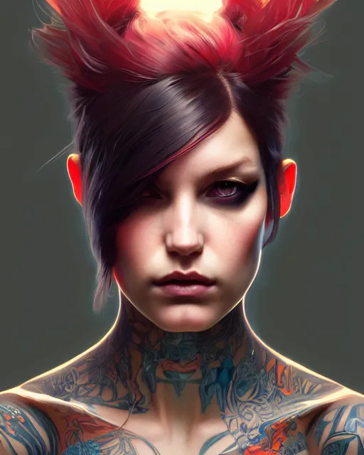 Image similar to beautiful female punk, portrait, cyberpunk, symmetry, detailed, elegant, intricate, dynamic lighting, hyperrealism, digital art, digital painting, artstation, wlop, sharp focus, illustration, art by artgerm and greg rutkowski and alphonse mucha, 8 k