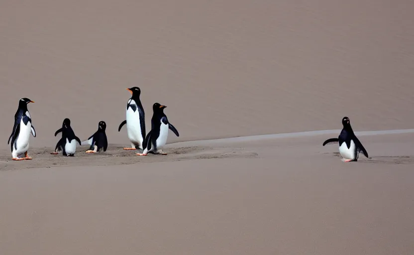 Image similar to penguins sliding in sand dunes, photography