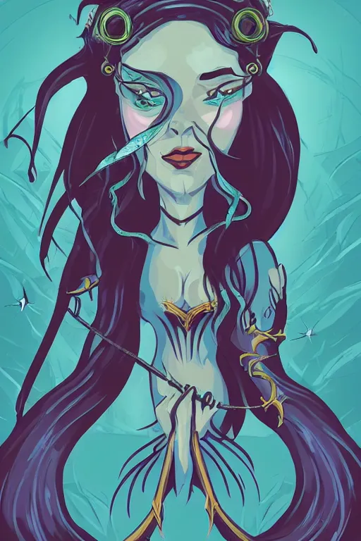 Image similar to Portrait of a siren that is a wizard casting a spell , wizard, medieval, sticker, colorful, casting epic spell, magic the gathering artwork, D&D, fantasy, artstation, heroic pose, illustration, highly detailed, simple, smooth and clean vector curves, no jagged lines, vector art, smooth