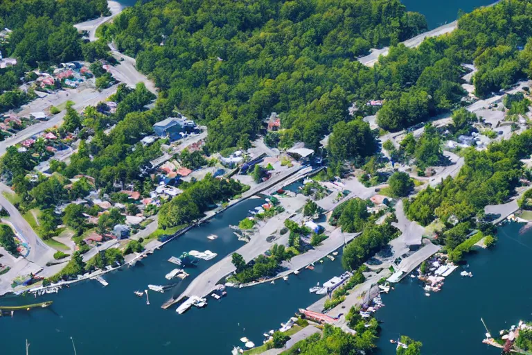 Image similar to bird's eye view of a small city with woods, trailer park, a road, bridge, and lagoon with docking area.