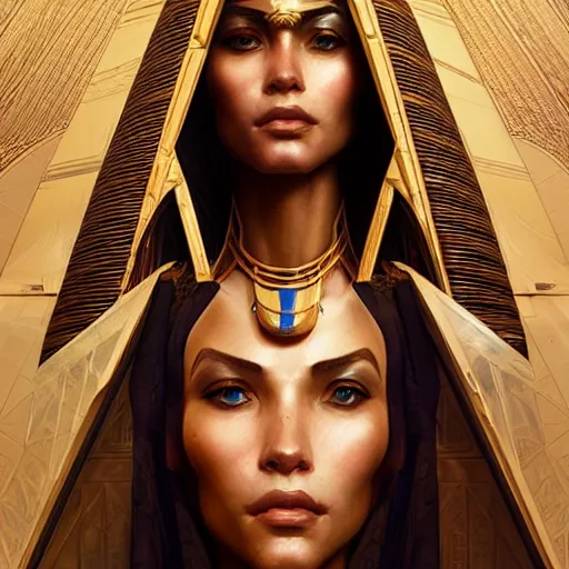 Image similar to portrait of egyptian cyborg queen in a pyramid ship real life skin, intricate, elegant, highly detailed, artstation, concept art, smooth, sharp focus, art by artgerm and greg rutkowski and alphonse mucha