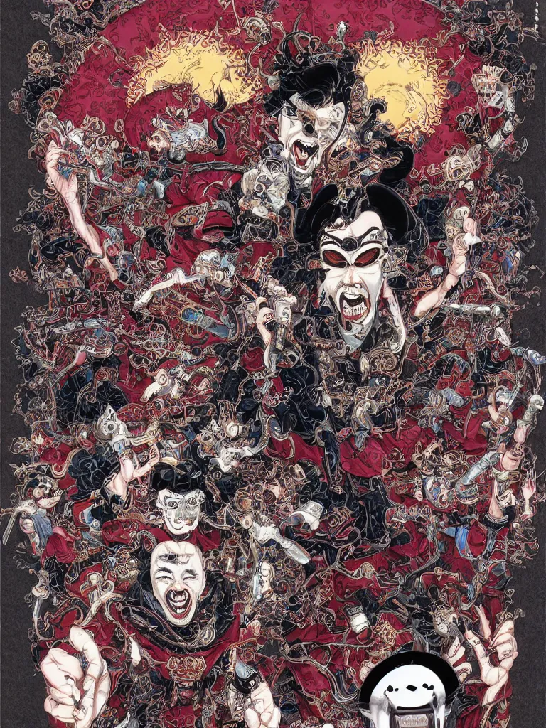 Prompt: portrait of crazy chinese opera character screaming with round digital sunglasses as vampire, symmetrical, by yoichi hatakenaka, masamune shirow, josan gonzales and dan mumford, ayami kojima, takato yamamoto, barclay shaw, karol bak, yukito kishiro