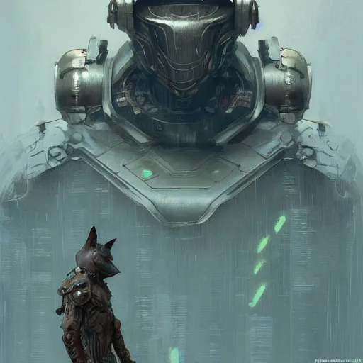 Prompt: digital painting ultrarealistic cyberpunk armor with cat shaped helmet, craig mullins, vallejo, moebius, ian miller, wayne barlowe, greg rutkowski, mucha, brian froud, cinematic, full shot, symmetric