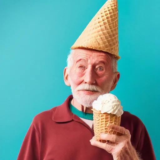 Image similar to a photograph of an old man wearing an elaborate ice cream cone costume