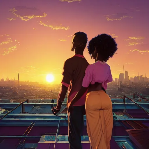 Image similar to highly detailed portrait of a black couple on the rooftop at sunset, synthwave city, stephen bliss, unreal engine, fantasy art by greg rutkowski, loish, rhads, ferdinand knab, makoto shinkai and lois van baarle, ilya kuvshinov, rossdraws, tom bagshaw, global illumination, radiant light, detailed and intricate environment