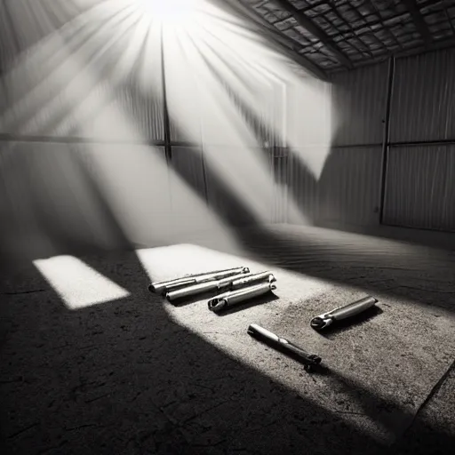 Image similar to Inside of a warehouse with sunrays shining through the windows with bullet shells laying on the floor and a body laying in the background against a wall, tarantino style, photorealistic, 4k,