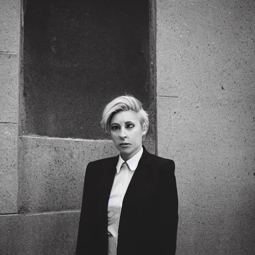 Prompt: hyperdetailed photo of a proud serious woman with short grey hair and light eyes in a cybercity, wearing fashion suit, inside berghain, classic, photo 3 5 mm leica, hyperdetail, 8 k, very detailed, fine face