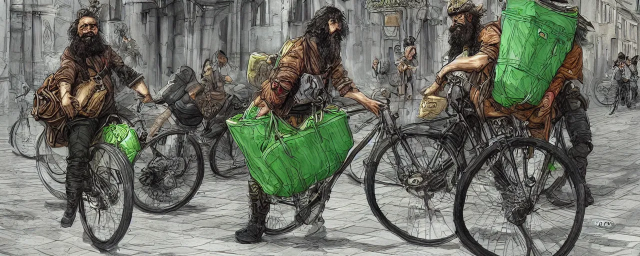 Image similar to a bearded and long haired bicycle food delivery worker with a green bag on his back in rossio lisbon, he has boots, epic fantasy style art by kim jung gi, fantasy epic digital art