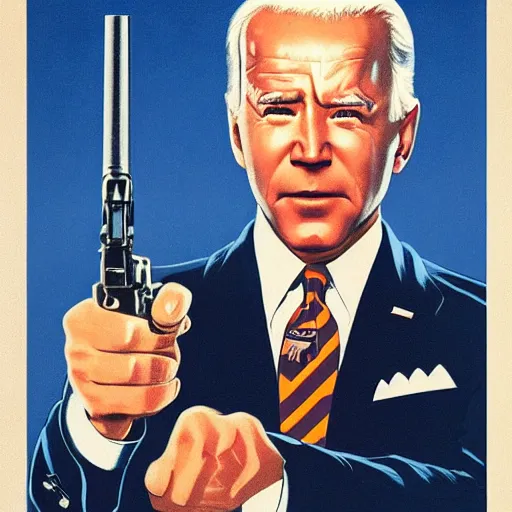 Image similar to propaganda poster of joe biden pointing gun directly at camera in james bond movie, closeup of gun, visible barrel and grip by j. c. leyendecker, bosch, lisa frank, jon mcnaughton, and beksinski