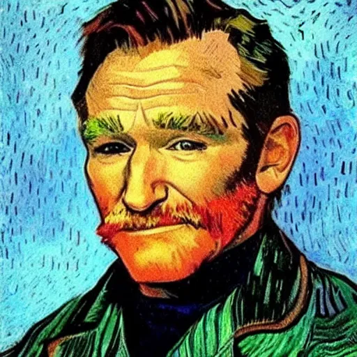 Prompt: Robin Williams printing papers by Van Gogh