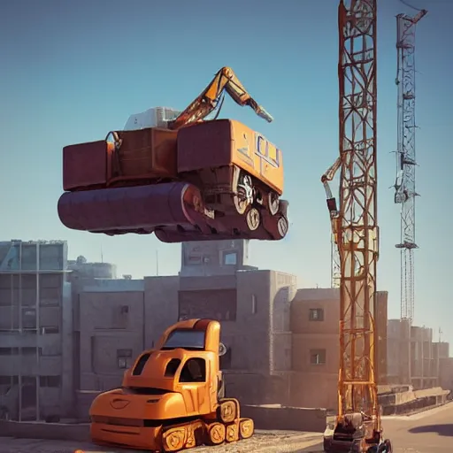 Image similar to friendly looking construction robot truck waiting at a construction site : : by beeple and james gilleard and justin gerard : :, centered, artstation, smooth, sharp focus, photoreal octane render, 3 d, by jean - baptiste monge!!!!!!!