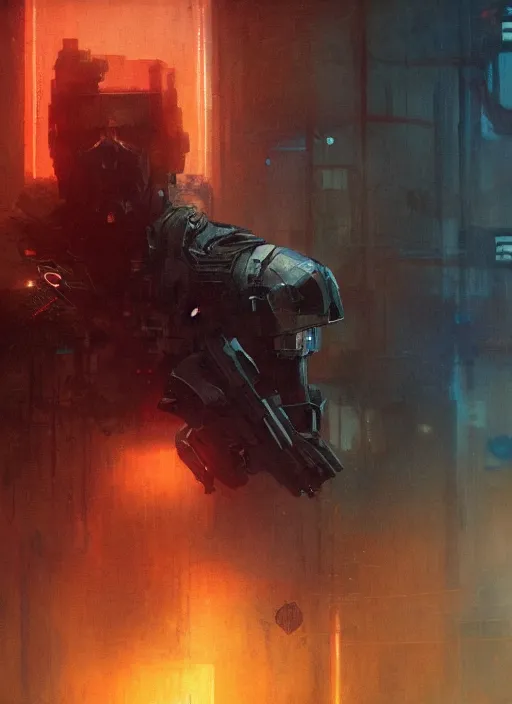 Prompt: the hound. cyberpunk assassin in tactical gear. blade runner 2 0 4 9 concept painting. epic painting by craig mullins and alphonso mucha. artstationhq. painting with vivid color. ( rb 6 s, cyberpunk 2 0 7 7, matrix )