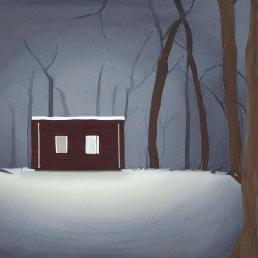 Image similar to a painting of a Eerie cabin in the middle of the woods in the style of minimalism